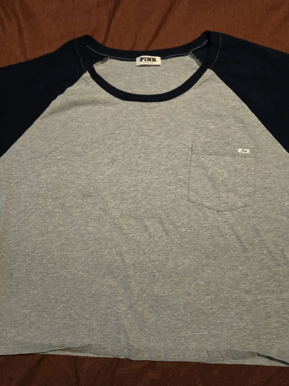 PINK  Women’s Grey & Navy Raglan Tee, With Blue & White Striped Matching Set